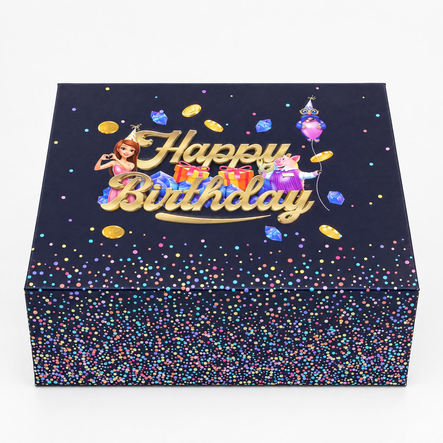 Slotomania Happy Birthday gift box with gold lettering and confetti
