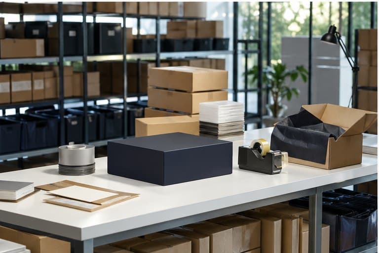 Organized fulfillment studio with staged gift boxes and packing stations