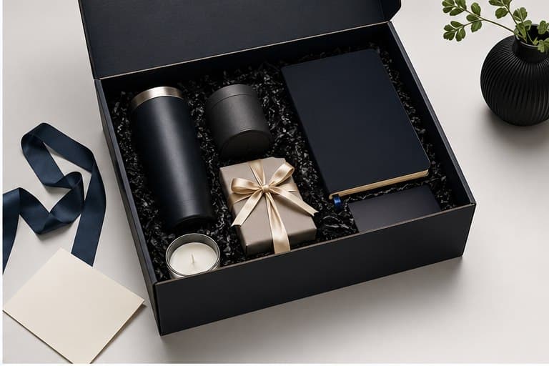 Premium navy corporate gift box with tumbler, candle, and notebook