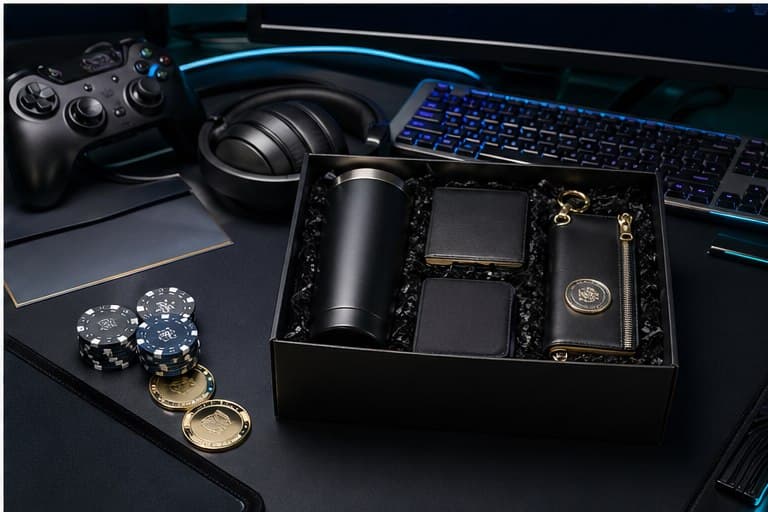 Dark VIP gaming gift kit with headphones and premium accessories on a desk
